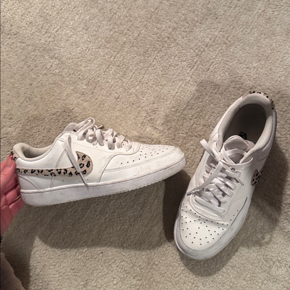 White Nikes with Leopard Print Accent
